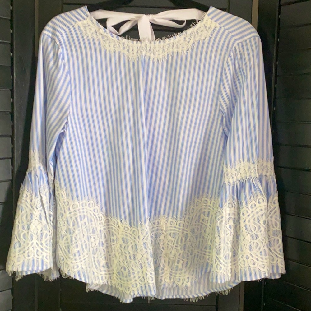Zara Woman Pinstripe Bell Sleeve Lace Top NWOT